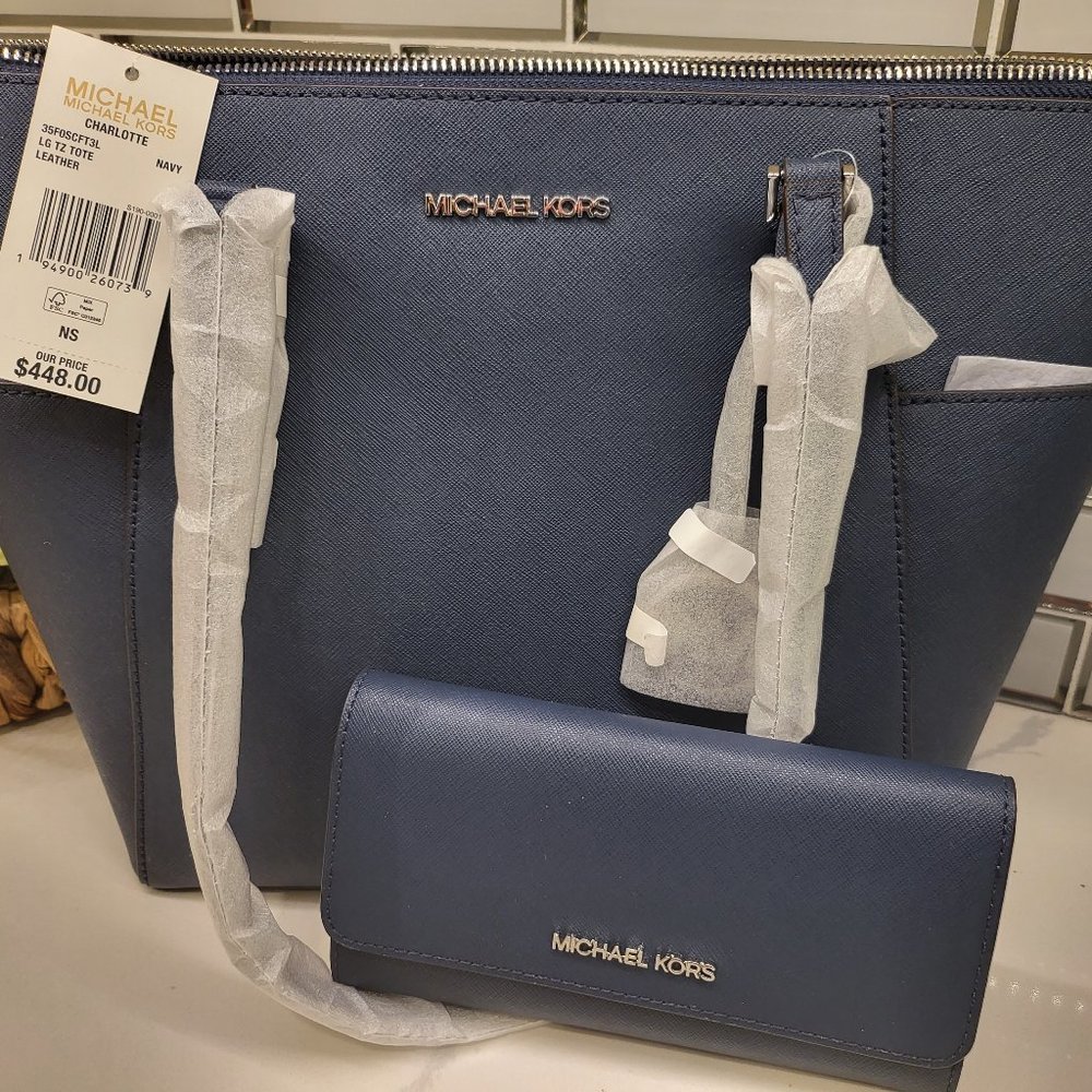 New Michael Kors Charlotte Large Saffiano Leather Navy Top-Zip Tote Bag & Wallet
